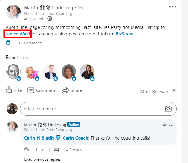 tagging on social media. LinkedIn